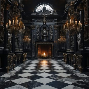 Marble room with checkerboard floor, antique-style statues, and fireplace and candelabra. AI