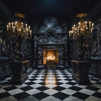 Marble room with checkerboard floor, antique-style statues, and fireplace and candelabra. AI
