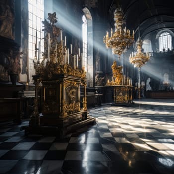 Marble room with checkerboard floor, antique-style statues and candelabra. AI