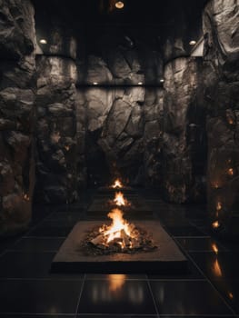 Luxurious black designer room in a loft style without people, with a lit fireplace. AI