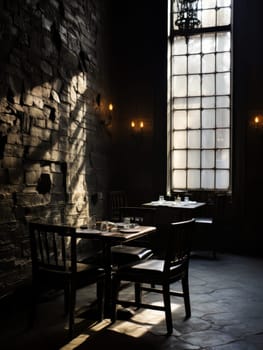 Stone room with window, vibe of a grunge abandoned cafe or pub. AI