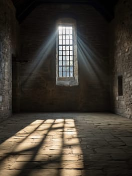 Empty stone room with window, creepy vibe, dungeon of loneliness for a prisoner. AI