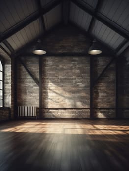 Modern empty dark room with high ceiling and big windows in a brick wall, empty office space minimalistic loft. AI