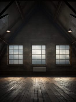 Modern empty dark room with high ceiling and big windows in a brick wall, empty office space minimalistic loft. AI