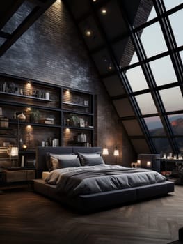 Stylish minimalist bedroom, a cozy romantic nest with large windows. Designer dark interior in the evening. AI