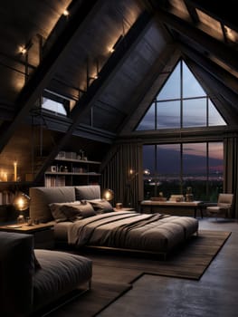 Stylish minimalist bedroom, a cozy romantic nest with large windows. Designer dark interior in the evening. AI