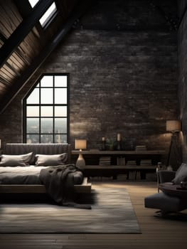 Stylish minimalist bedroom, a cozy romantic nest with large windows. Designer dark interior. AI