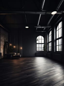 Modern empty dark room with high ceiling and panoramic windows, empty space minimalistic loft. AI