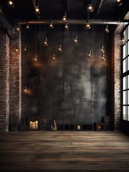 Modern empty dark room with high ceiling and panoramic windows, empty space minimalistic loft. AI