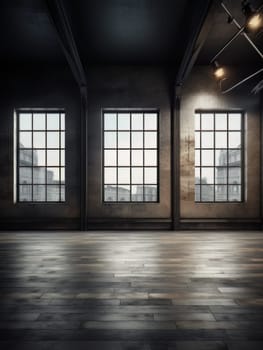 Modern empty dark room with high ceiling and panoramic windows, empty office space minimalistic loft. AI