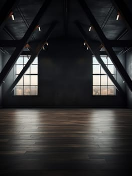 Modern empty dark room with high ceiling and panoramic windows, empty office space minimalistic loft. AI