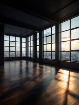 Modern empty dark room with high ceiling and panoramic windows, empty office space minimalistic loft. AI