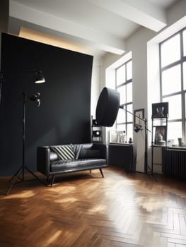 Modern dark location photo studio in black and white colors with beautiful loft-style furniture with large panoramic windows. AI
