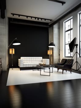 Modern dark location photo studio in black and white colors with beautiful loft-style furniture with large panoramic windows. AI