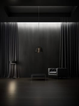 Modern dark location photo studio in black color with beautiful minimalistic loft-style furniture. AI
