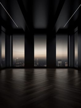 Modern empty dark room with high ceiling and panoramic windows, empty office space minimalistic loft. AI