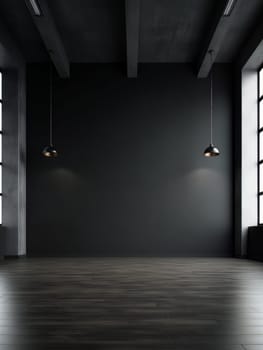 Modern empty dark room with high ceiling and panoramic windows, empty office space minimalistic loft. AI