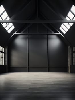 Modern empty dark room with high ceiling and windows in walls and roof, empty office space minimalistic loft. AI