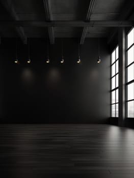 Modern empty dark room with high ceiling and panoramic windows, empty office space minimalistic loft. AI