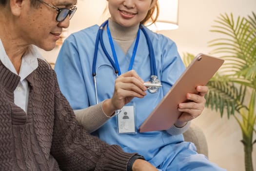 Nurse, hands and senior patient in empathy, safety and support of help, trust and healthcare consulting. Nursing home, counseling and gratitude for medical caregiver, client and hope in consultation.