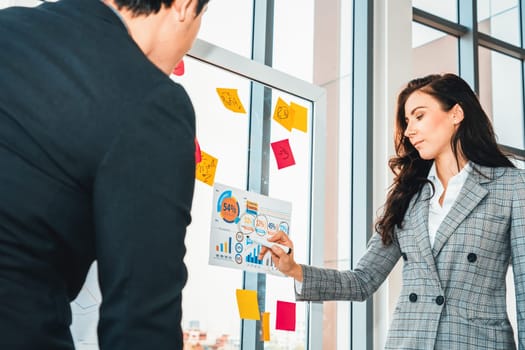 Business people work on project planning board in office and having conversation with coworker friend to analyze project development . They use sticky notes posted on glass to make it organized. Jivy