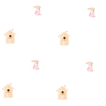 watercolor seamless pattern birdhouses and cute bunny. cute pattern with houses for printing on textiles, diapers, pajamas, wrapping paper, bed linen. High quality photo