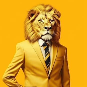 Who says lions can't dress up This one does, sporting a fashionable suit and tie, showing off its wild elegance and sophistication. AI Generative.