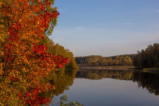 pond or river at autumn afternoon with blue sky and calm water.