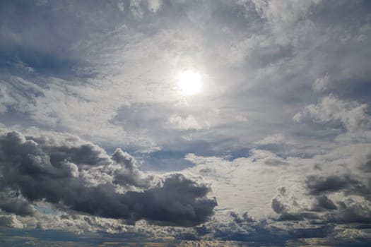blue sky with sun and mixed clouds on different layers, above horizon view.