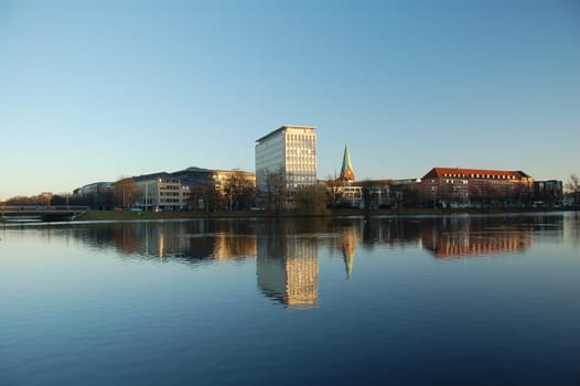Business center of Kiel,Schleswig-Holstein with reflection in the Kleiner Kiel