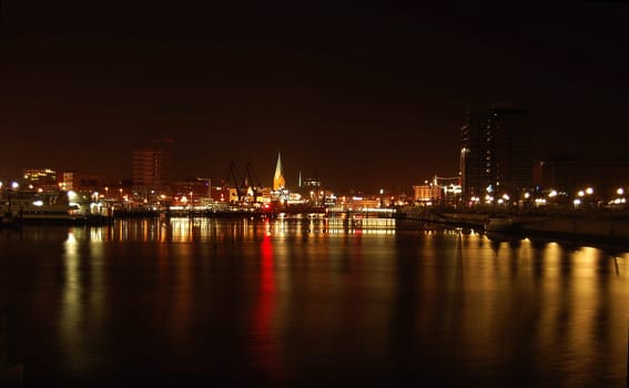 Kiel skyline at night,seen from the east bank