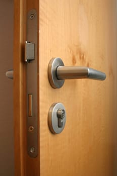Wooden door with metallic fittings