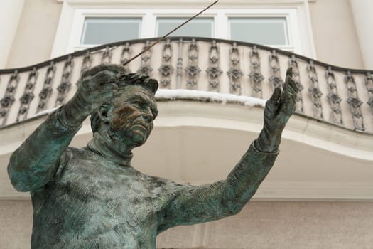 Commemorative statue in front of Herbert von Karajan's birthplace in Salzburg