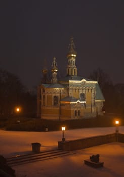 Russian chapel in snowfall