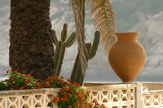Recorded in August 2004 at Portitxol beach,near Javea,Costa Blanca. Not so arranged by me -),and there was also wind. I just couldn't make sure that the palm leaves didn't touch the urn!