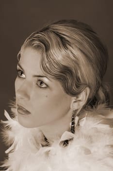 Portrait photo of a woman dressed in the style of the 20s
