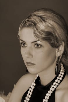 Portrait photo of a woman dressed in the style of the 20s