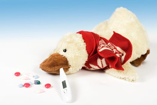 Duck lying on floor with clinical thermometer and tablets