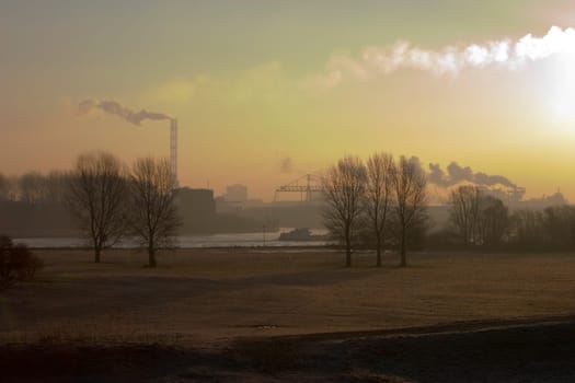 View of Duisburg-Hochfeld from the Rhine meadows in Duisburg-Rheinhausen