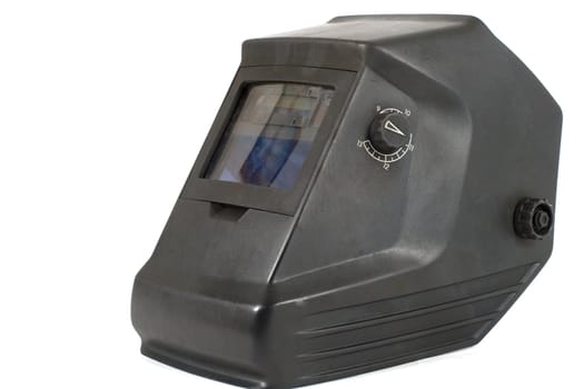 Automatic welding helmet insulated against a white background