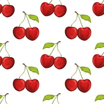seamless pattern of luscious bright cherries. for kitchen-themed decor, recipes, textiles, aprons, packaging, cherry products like jam and sweets, as well as gum wrappers. watercolor illustration.