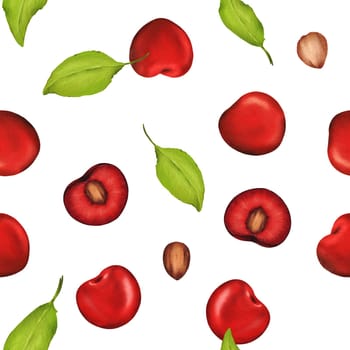 Seamless watercolor pattern with luscious cherries, perfect for kitchen decor, recipes, textiles, jam labels, aprons, packaging, juices, cherry-flavored sweets, and gum wrappers.