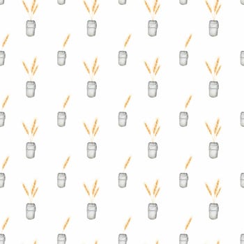 seamless pattern of ears of wheatwith a with can. elegant pattern with wheat for printing on textiles, bed linen, wrapping paper, pajamas, summer dresses. High quality photo