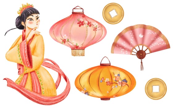 Watercolor Eastern collection. Asian girl in a vibrant kimono, ornate Chinese lanterns, a delicate fan, and symbolic golden coins for luck. Ideal for Chinese New Year and Lantern Festival.