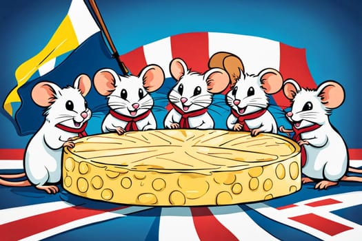 mice eating cheese in a party comic illustration allegory with blue background and flags