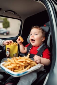 obese boy girl eating fast food , hamburger, french fries - unhealthy eating concept illustration generative ai art