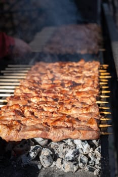 A lot of juicy meat kebabs in a row on the grill. Meat pieces strung on wooden skewers on the grill. The process of cooking kebabs with a lot of smoke. Cooking in nature