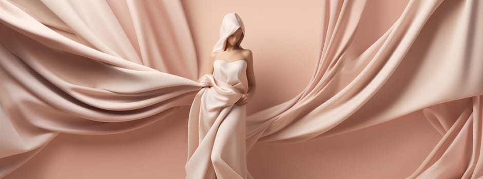 woman fashion fluttering fantasy fabric flow chiffon wind textile clothes fly background flower dress white clothing beige flying beauty lady flowing elegant. Generative AI.