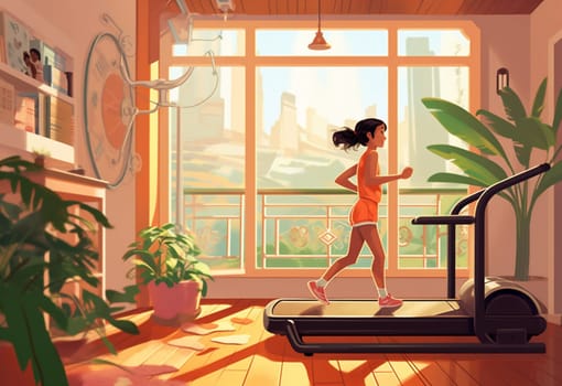 jogging woman fit health exercise boho young indoor home adult training female sport room happy equipment physical exercise fitness run treadmill style illustration. Generative AI.