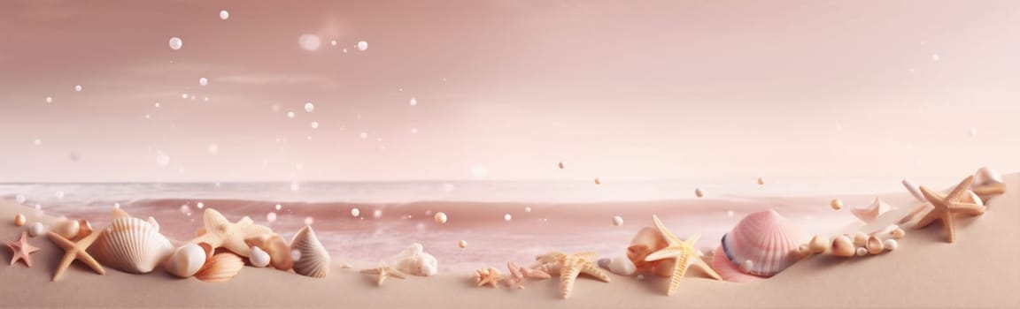 summer blank beautiful sand sea ocean concept background nature holiday generative seashell frame white shell banner sale beach landscape tropical. Generative AI.